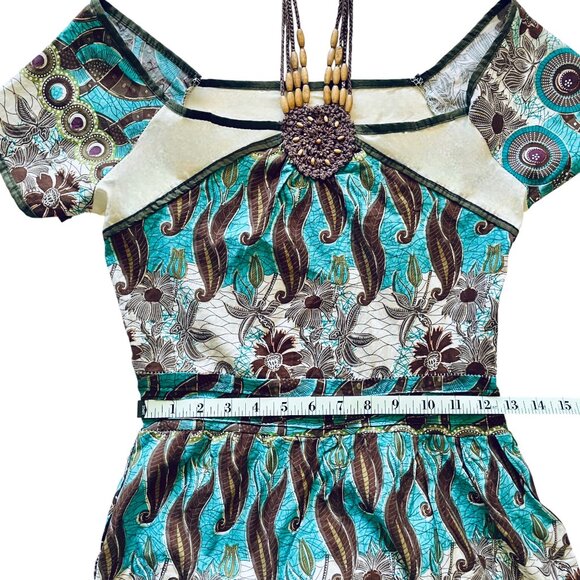 Vintage White, Black, Turquoise + Gold Sparkle Boho Dress Cottagecore Whimsy - Picture 8 of 12